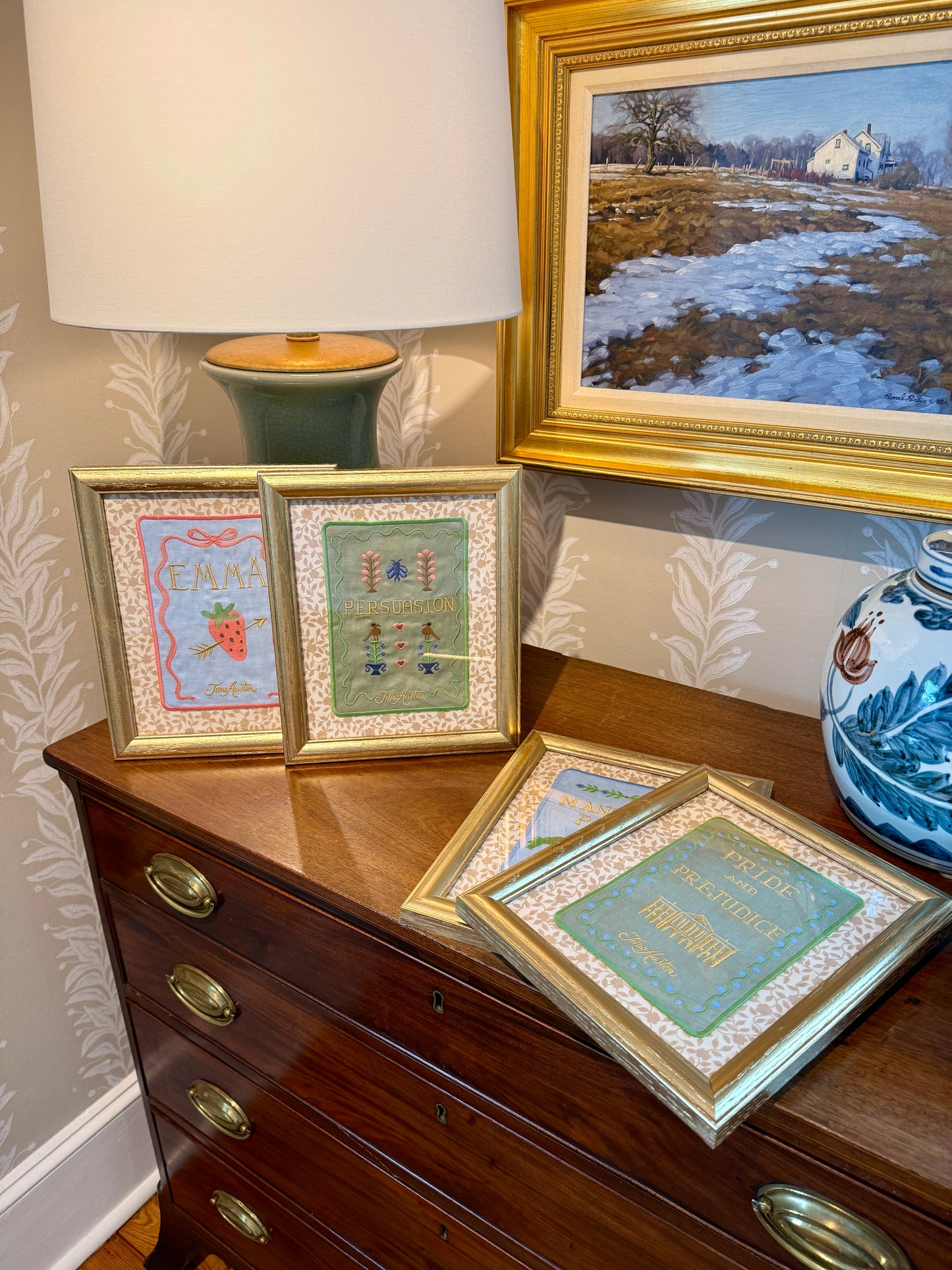 Jane Austen Novels Set of Four Emroidered Linen Books on Brunschwig & Fils Floral in Gold Frames