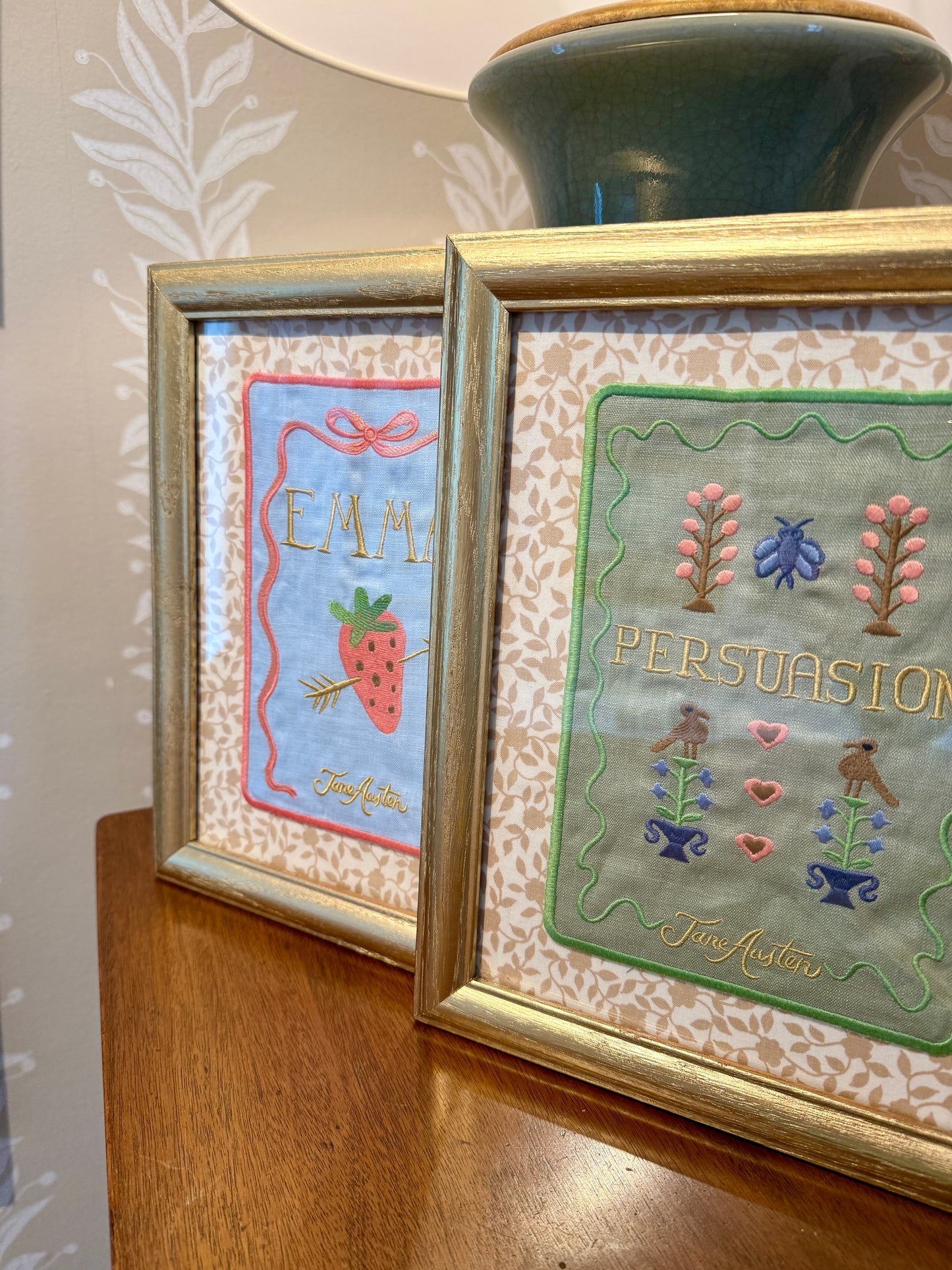 Jane Austen Novels Set of Four Emroidered Linen Books on Brunschwig & Fils Floral in Gold Frames