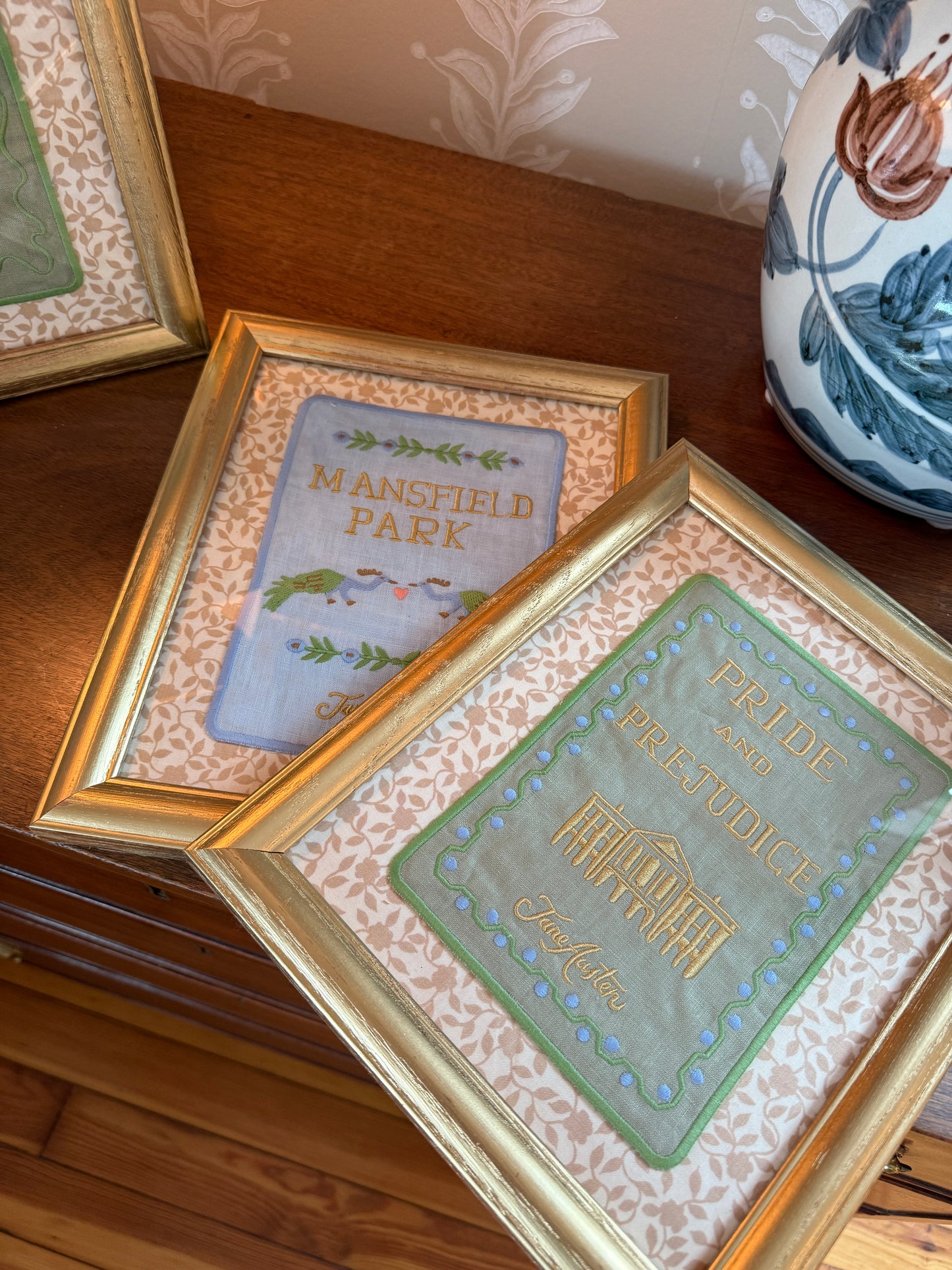Jane Austen Novels Set of Four Emroidered Linen Books on Brunschwig & Fils Floral in Gold Frames