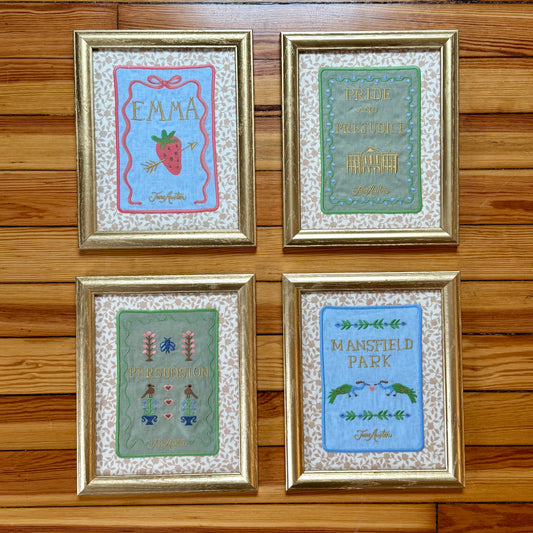Jane Austen Novels Set of Four Emroidered Linen Books on Brunschwig & Fils Floral in Gold Frames
