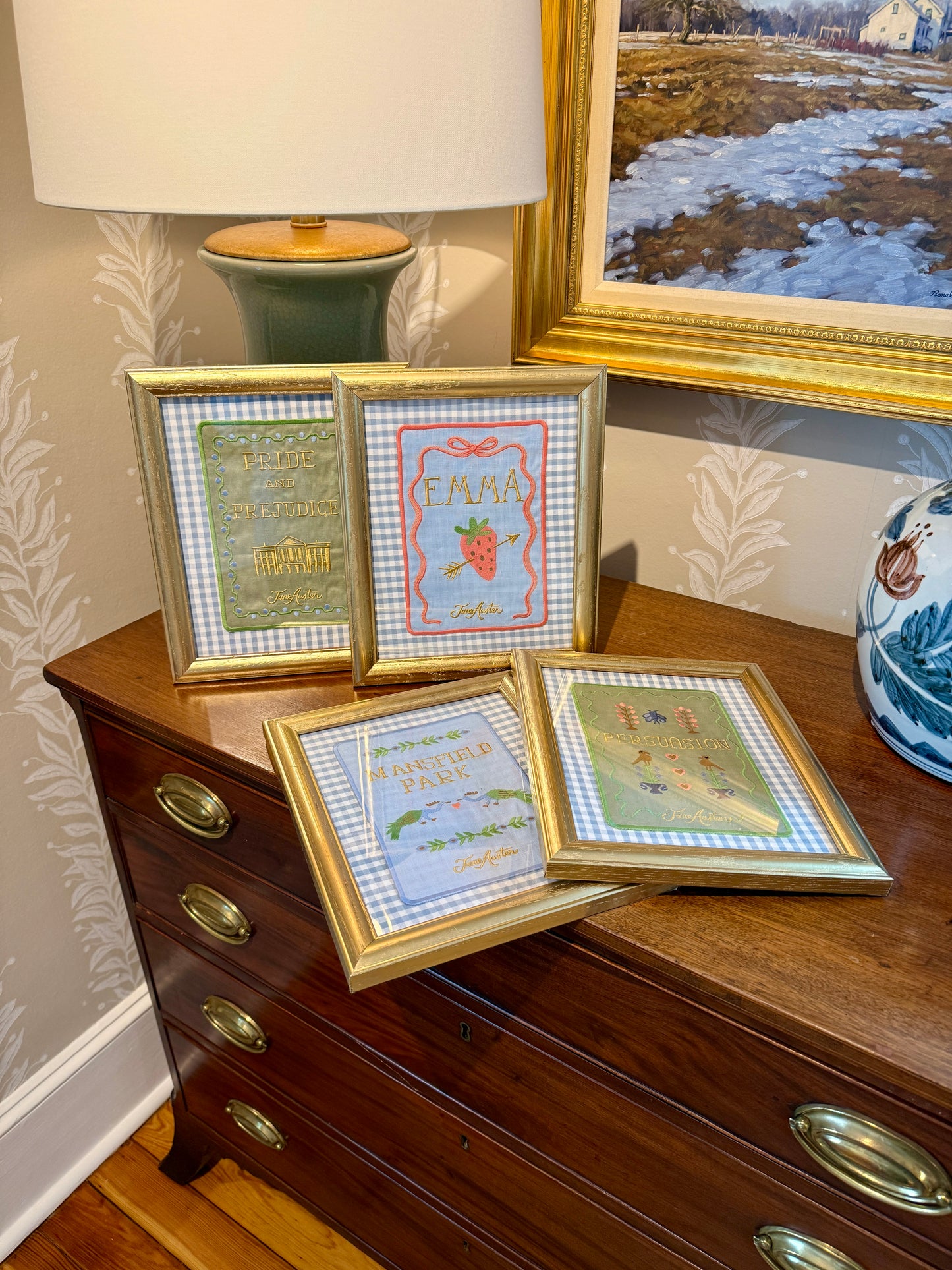 Jane Austen Novels Set of Four Emroidered Linen Books on Light Blue Gingham in Gold Frames