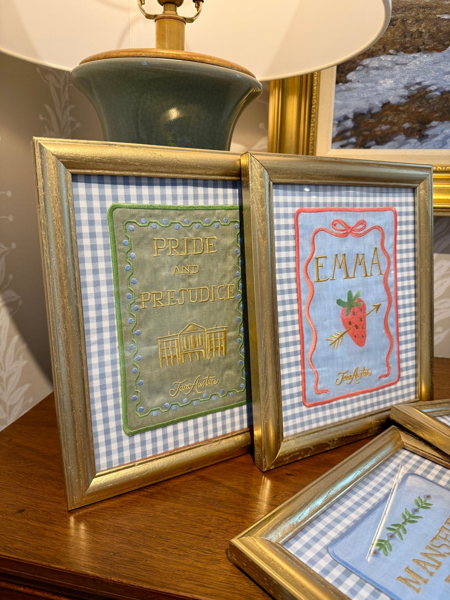 Jane Austen Novels Set of Four Emroidered Linen Books on Light Blue Gingham in Gold Frames