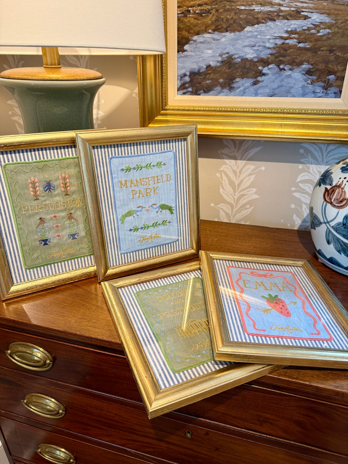 Jane Austen Novels Set of Four Emroidered Linen Books on Blue Ticking Stripes in Gold Frames