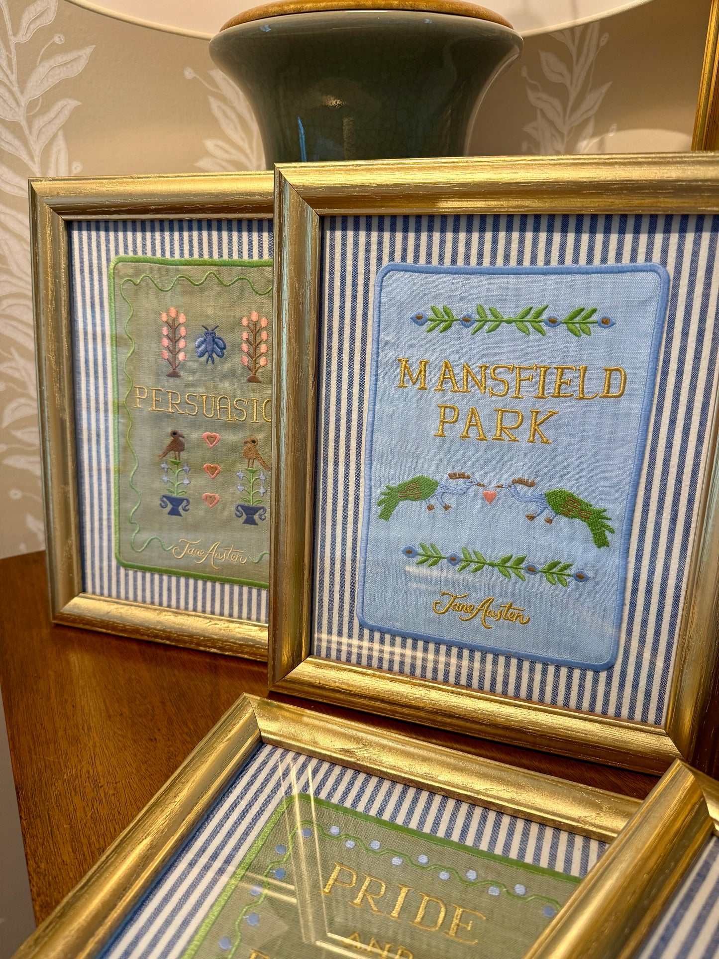 Jane Austen Novels Set of Four Emroidered Linen Books on Blue Ticking Stripes in Gold Frames