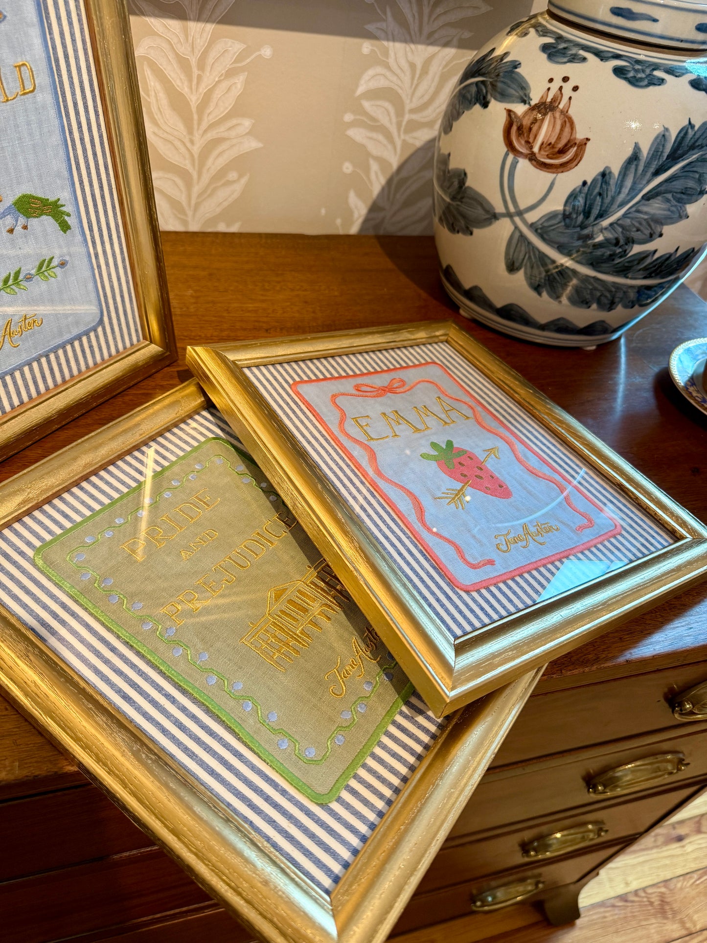 Jane Austen Novels Set of Four Emroidered Linen Books on Blue Ticking Stripes in Gold Frames