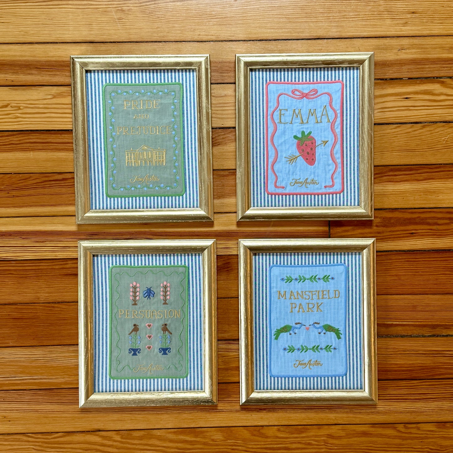 Jane Austen Novels Set of Four Emroidered Linen Books on Blue Ticking Stripes in Gold Frames
