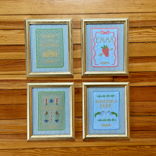 Jane Austen Novels Set of Four Emroidered Linen Books on Blue Ticking Stripes in Gold Frames