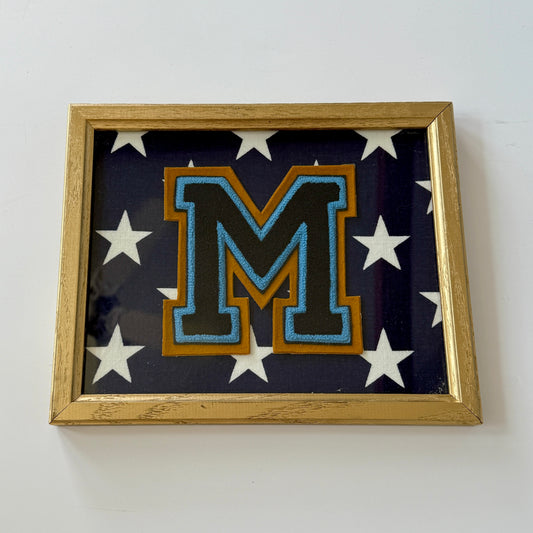 Vintage Large Varsity Initial Letter "M" on Blue Star Fabric in Gold Frame