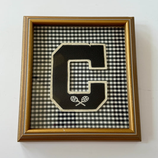 Vintage Large Varsity Tennis Initial Letter "C" on Black Gingham Fabric in Gold Frame
