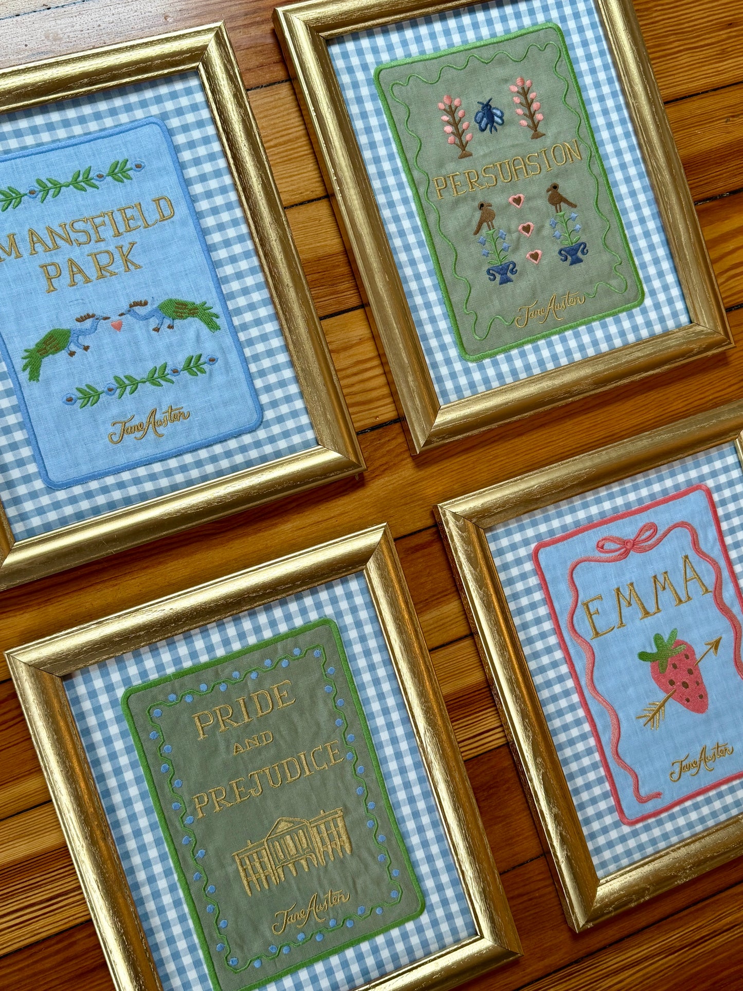 Jane Austen Novels Set of Four Emroidered Linen Books on Light Blue Gingham in Gold Frames