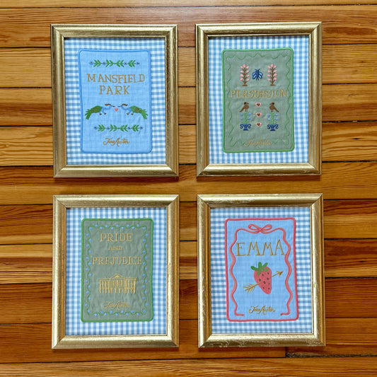 Jane Austen Novels Set of Four Emroidered Linen Books on Light Blue Gingham in Gold Frames