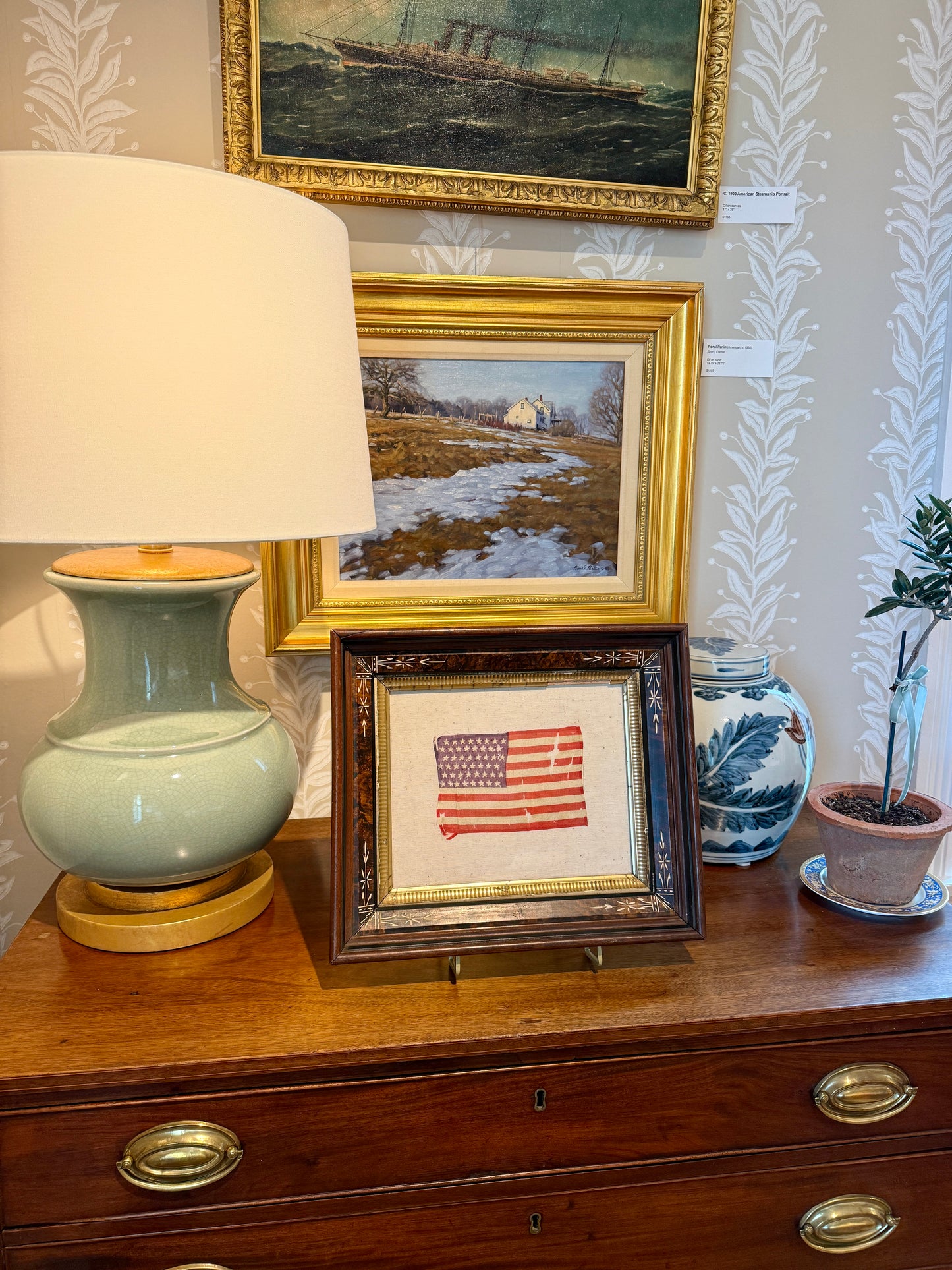 Old 48 Star American Parade Flag on Linen in 19th Century East Lake Victorian Frame
