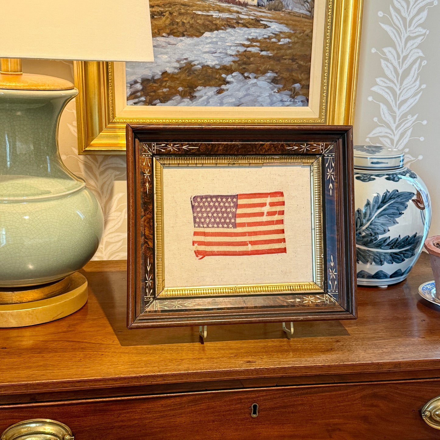 Old 48 Star American Parade Flag on Linen in 19th Century East Lake Victorian Frame