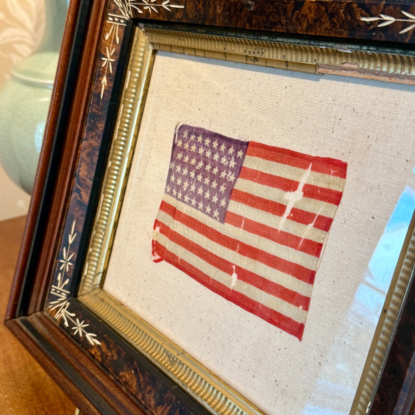 Old 48 Star American Parade Flag on Linen in 19th Century East Lake Victorian Frame