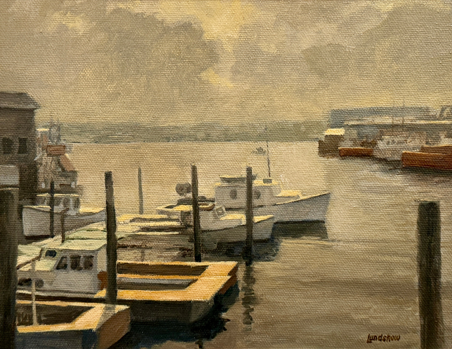 Roger Lundskow American Harbor Scene #1 Oil Painting in Gold Frame