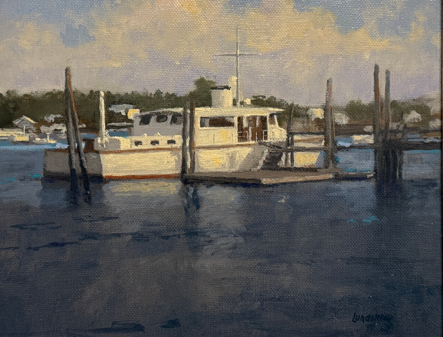 Roger Lundskow American Harbor Scene #2 Oil Painting in Gold Frame
