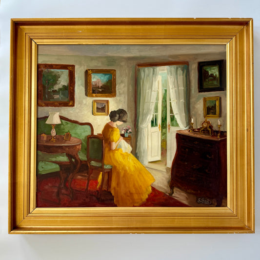 Edith Geert Interior Living Room Scene Woman in Yellow Dress Oil Painting in Gold Frame