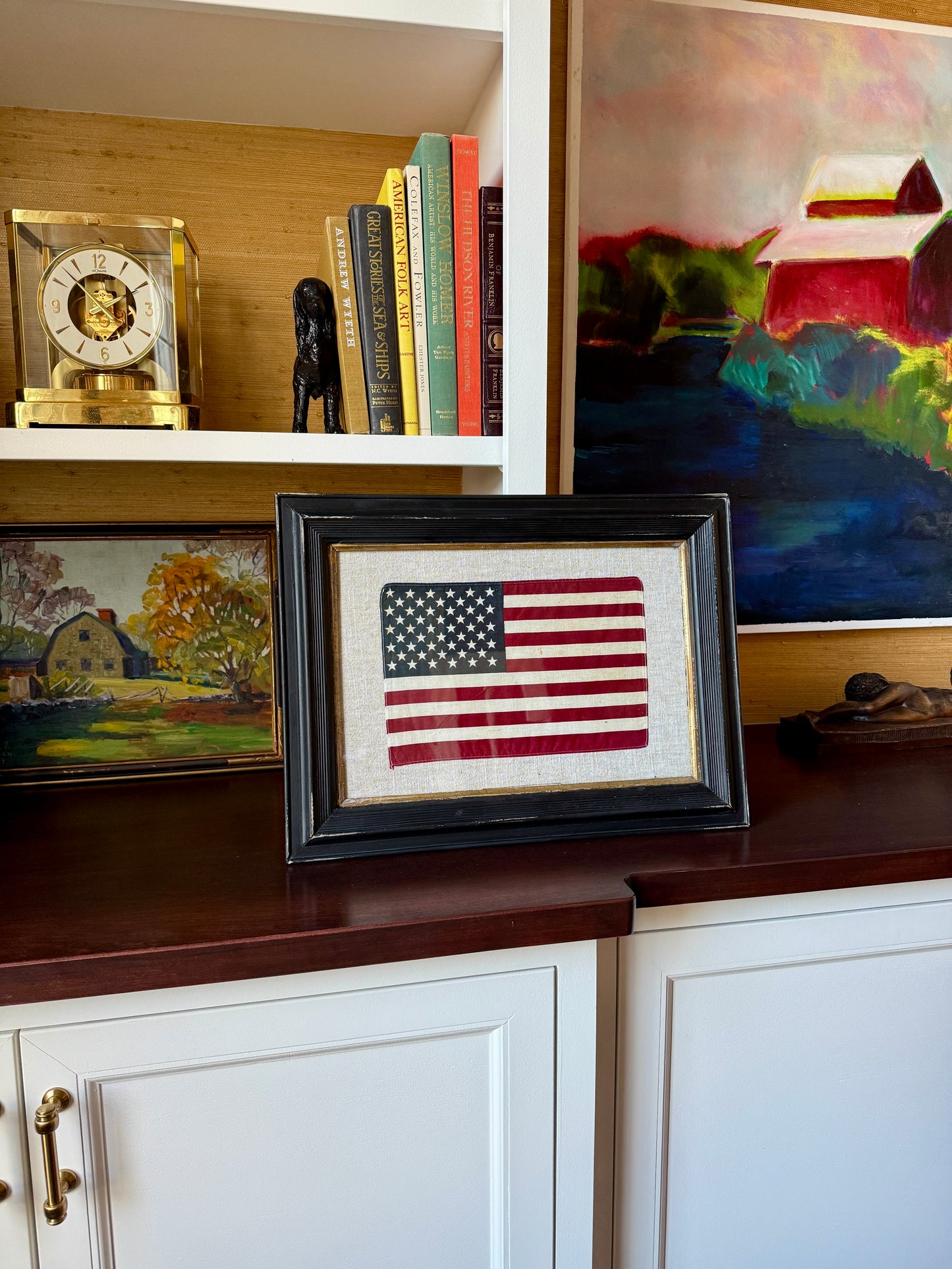 50 Star American Flag on Natural Linen in Antique Black and Gilded Frame