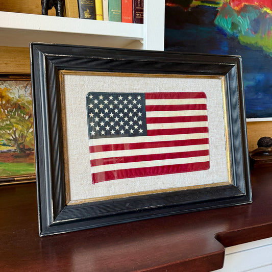 50 Star American Flag on Natural Linen in Antique Black and Gilded Frame