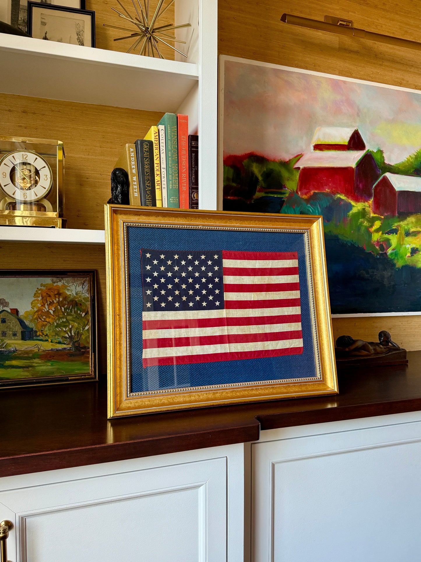 50 Staggered Star American Flag on Ralph Lauren Blue Herringbone in Gold Beaded Frame