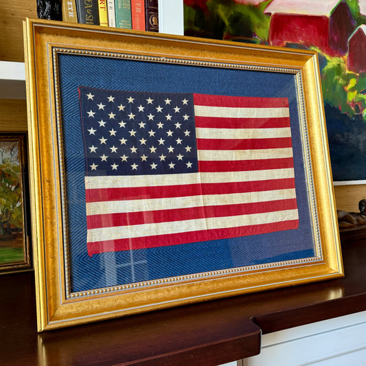 50 Staggered Star American Flag on Ralph Lauren Blue Herringbone in Gold Beaded Frame