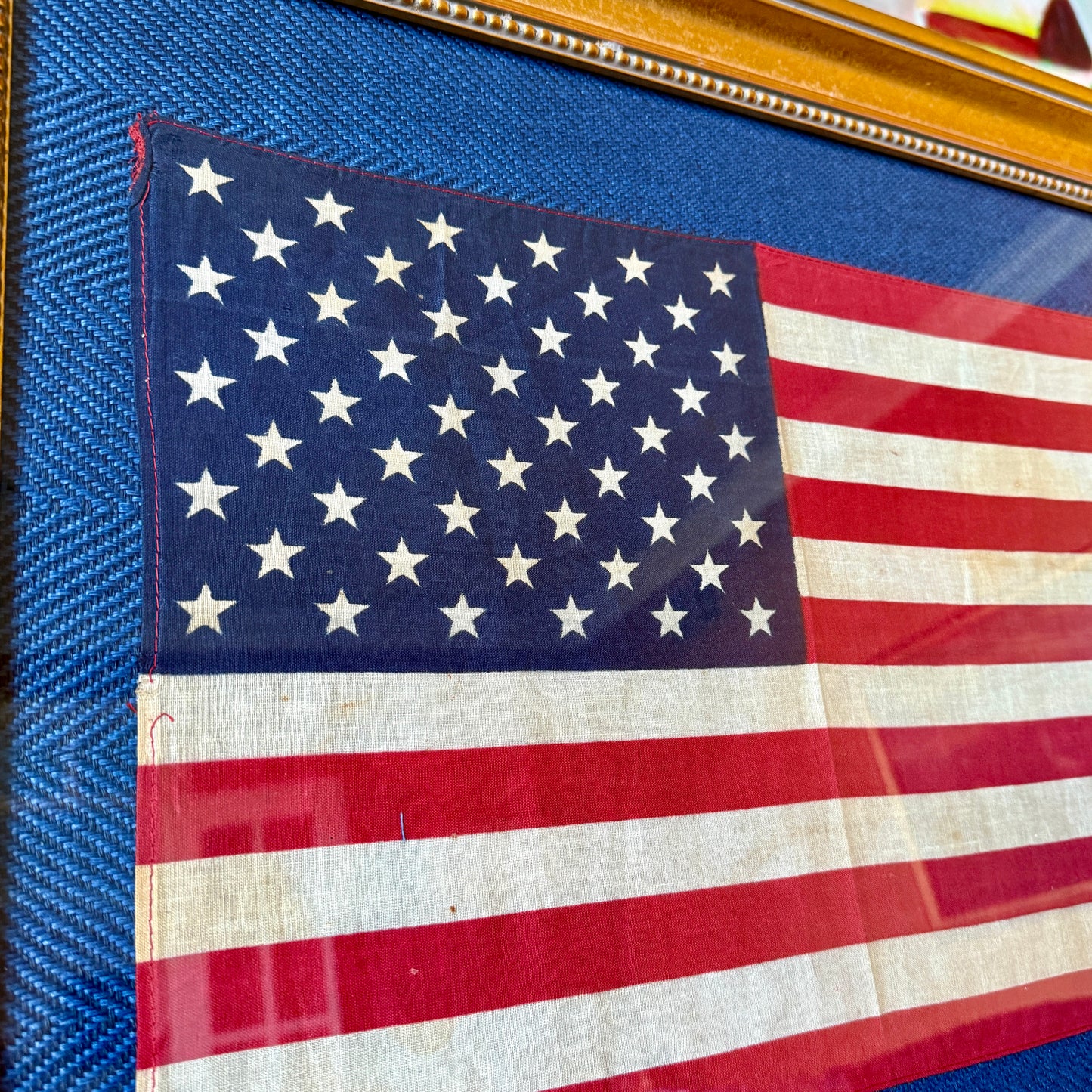 50 Staggered Star American Flag on Ralph Lauren Blue Herringbone in Gold Beaded Frame