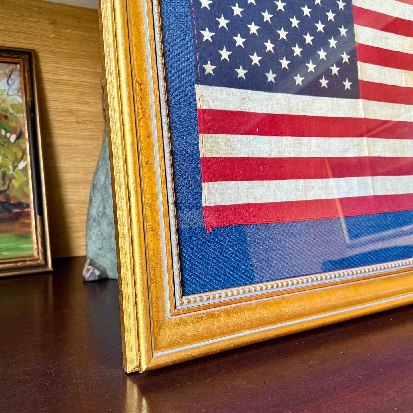 50 Staggered Star American Flag on Ralph Lauren Blue Herringbone in Gold Beaded Frame