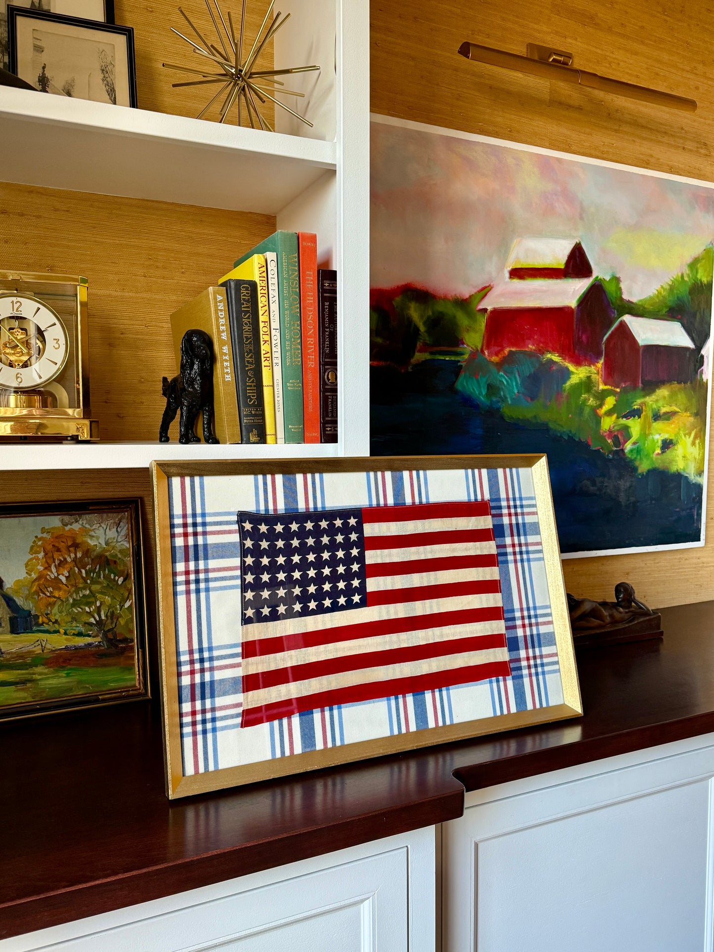 48 Star American Flag on Red White Blue Plaid in Gold Frame