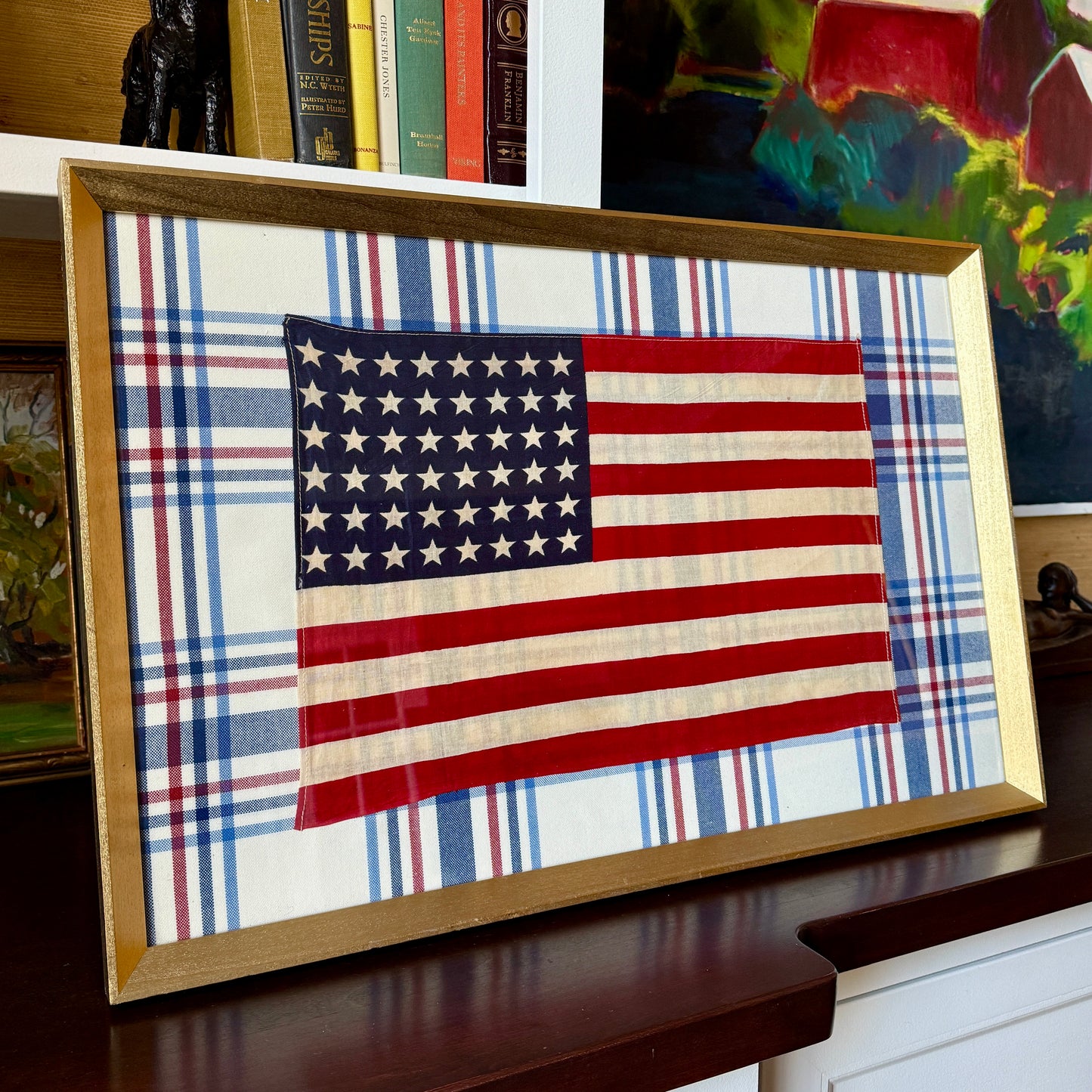 48 Star American Flag on Red White Blue Plaid in Gold Frame