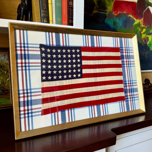 48 Star American Flag on Red White Blue Plaid in Gold Frame