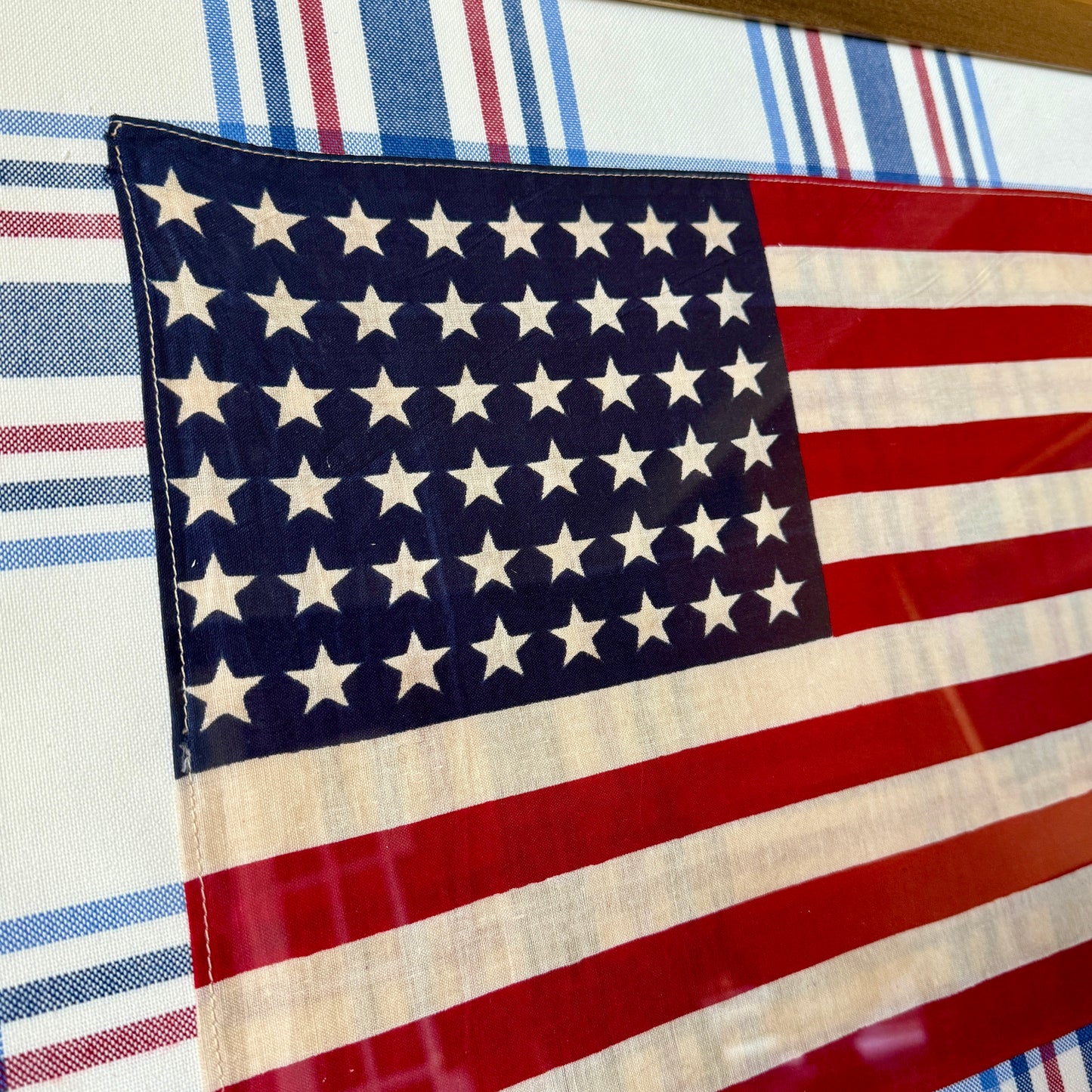 48 Star American Flag on Red White Blue Plaid in Gold Frame