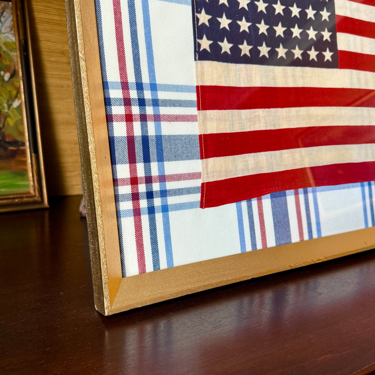 48 Star American Flag on Red White Blue Plaid in Gold Frame