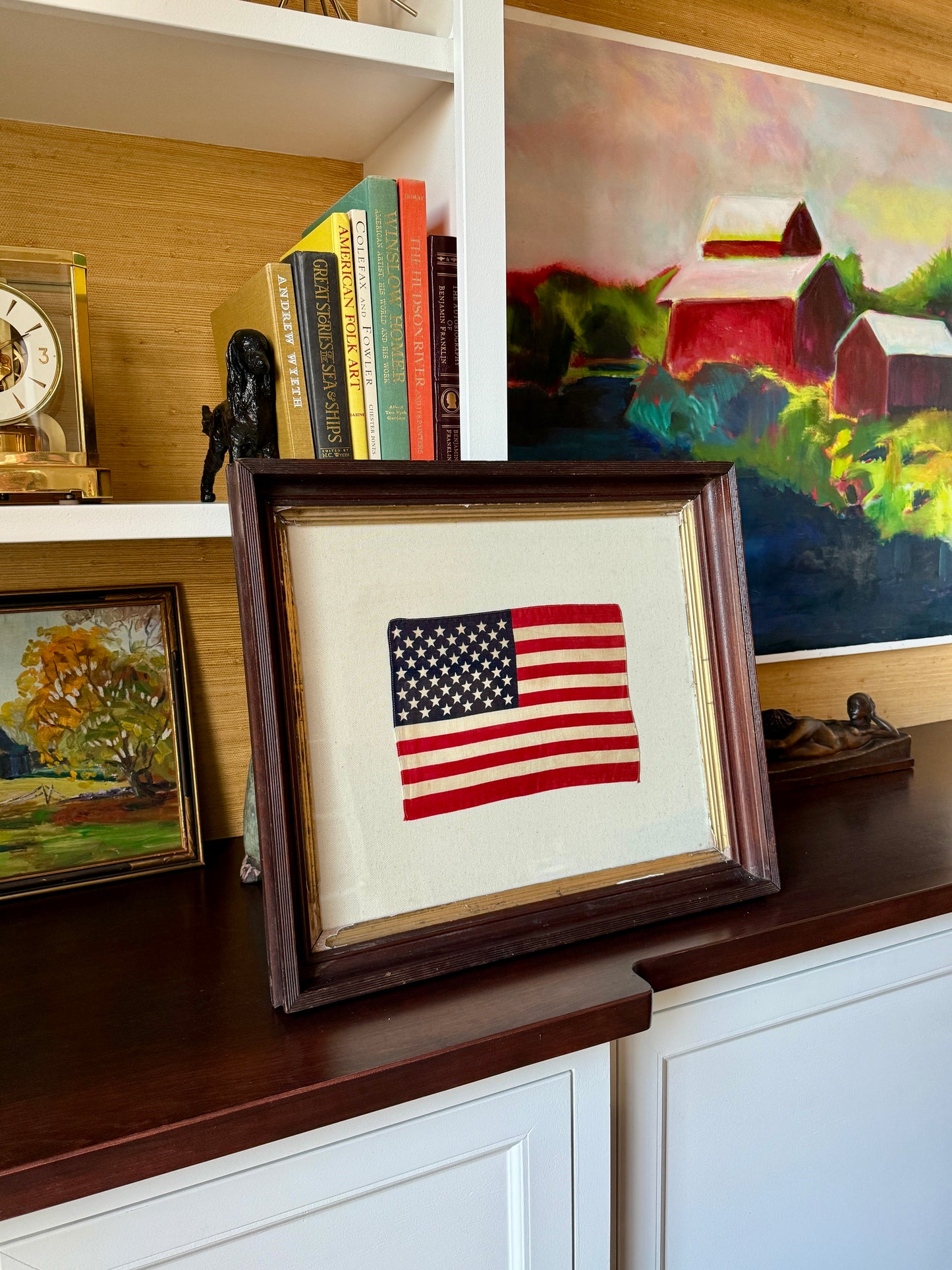 50 Staggered Star American Flag on Ivory Twill in Antique Wood and Gilded Frame