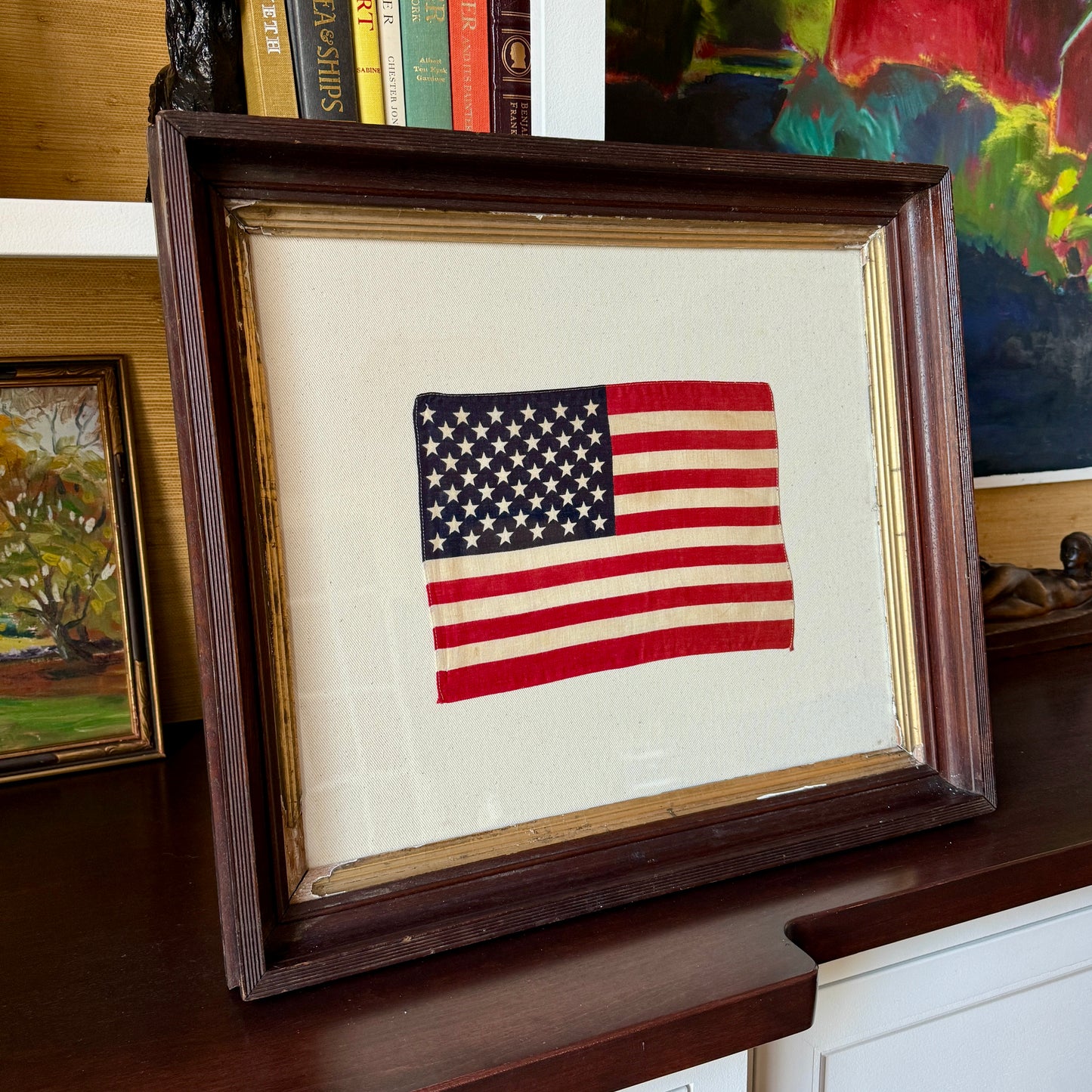 50 Staggered Star American Flag on Ivory Twill in Antique Wood and Gilded Frame