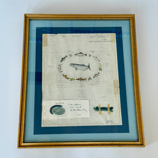 George Wells Nantucket Fish Rug Design for Donal Clare O’Brien Watercolor and Pencil in Gold Frame