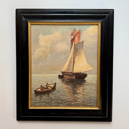 Louis Saphier Sailboats in Seascape Oil Painting in Black and Gold Frame