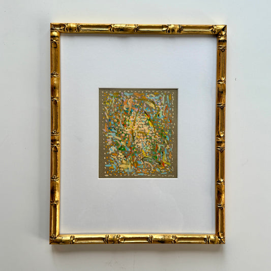 Vintage Colorful Abstract Oil Painting #27 in Light Gold Bamboo Frame