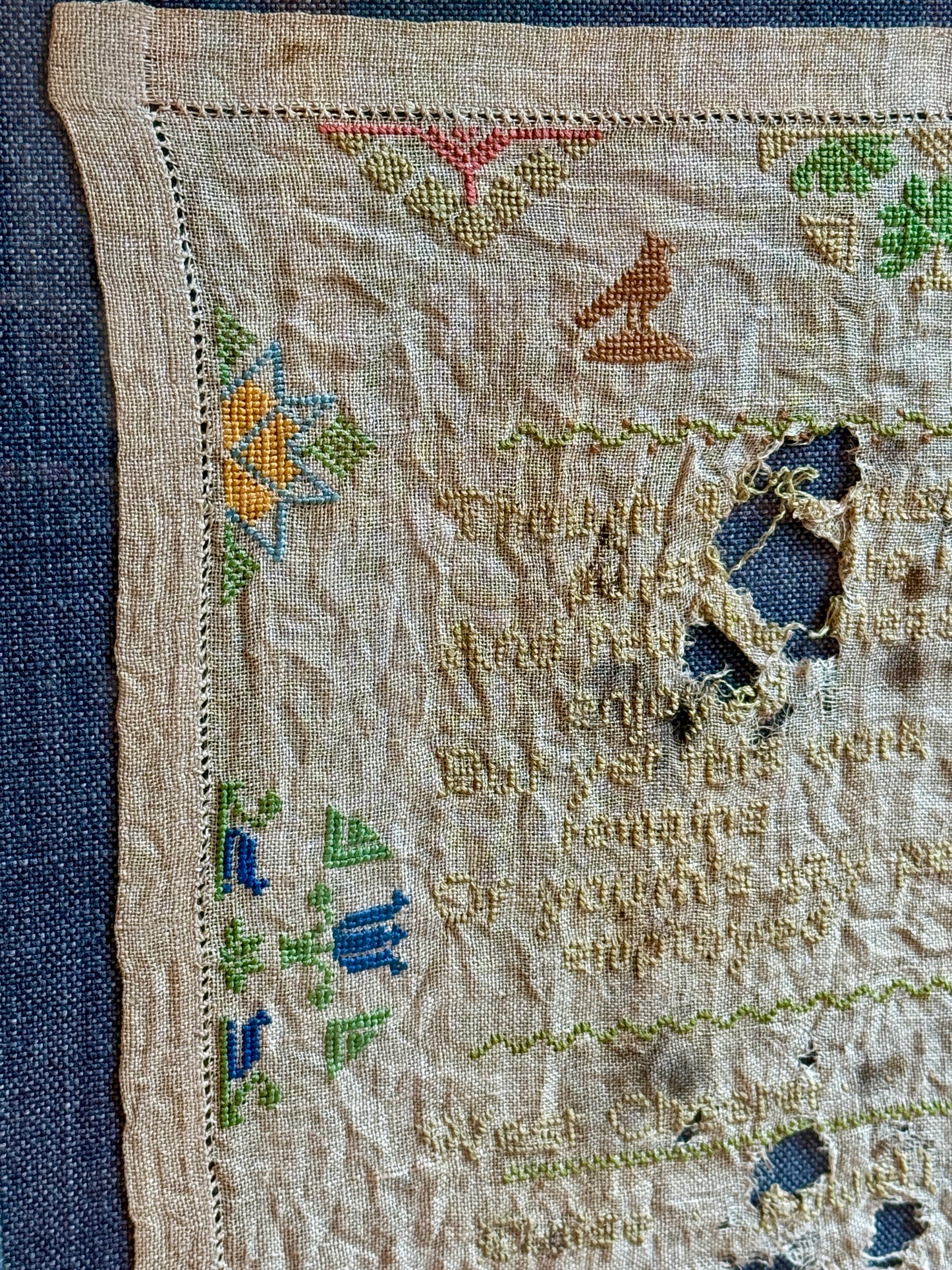 1934 West Chester, PA Needlepoint Sampler by Eloise Powell Waggoner on Blue Twill in Gold Frame