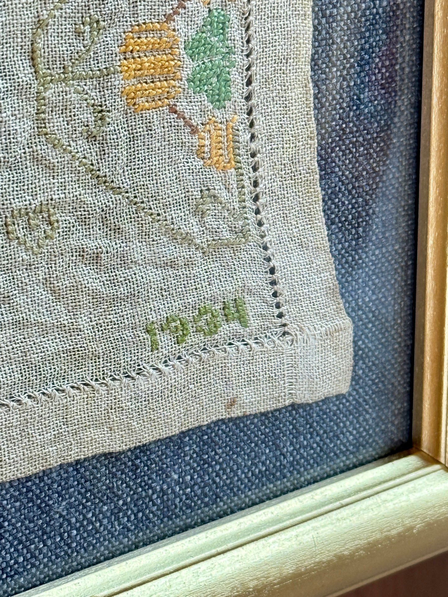 1934 West Chester, PA Needlepoint Sampler by Eloise Powell Waggoner on Blue Twill in Gold Frame