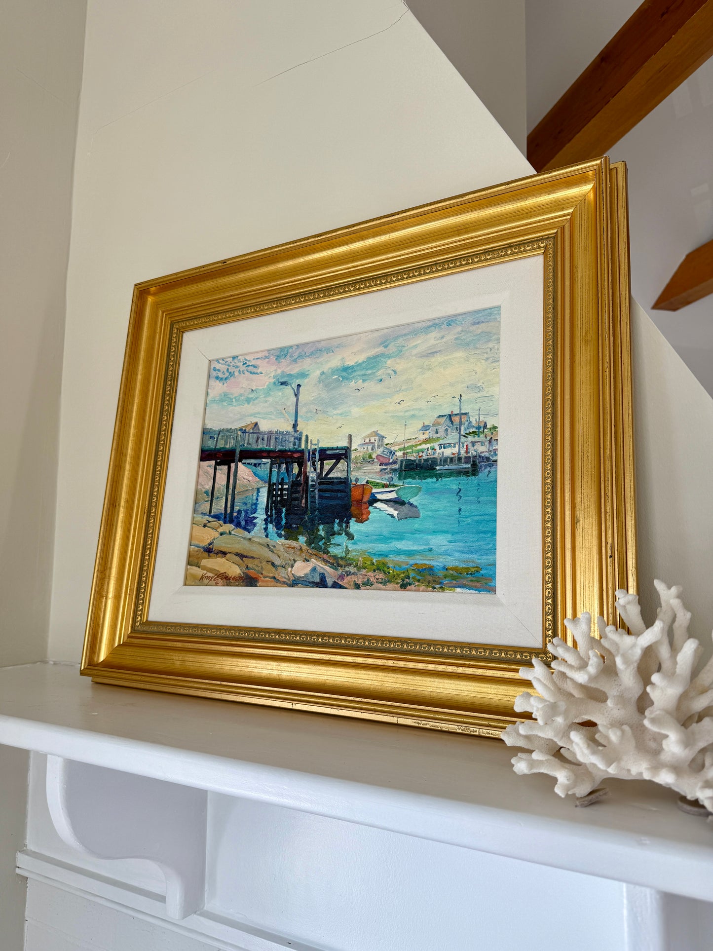 Knox Everson New England Harborscape View from Under the Pier Oil Painting in Gold Frame
