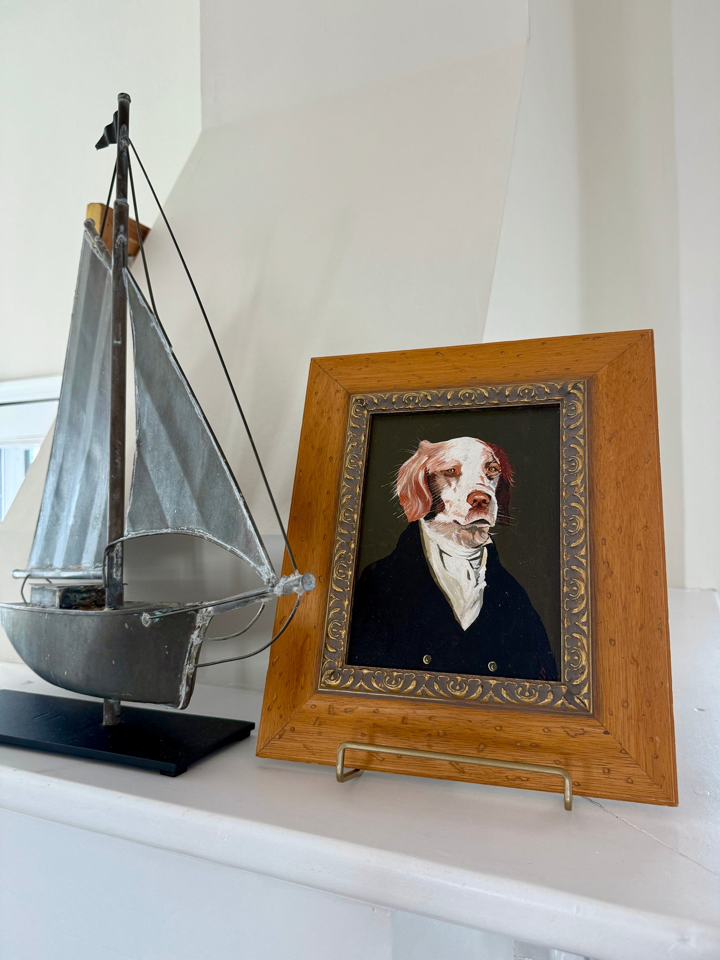 Nautical Captain Spaniel Dog Portrait Oil Painting in Hammered Wood Frame