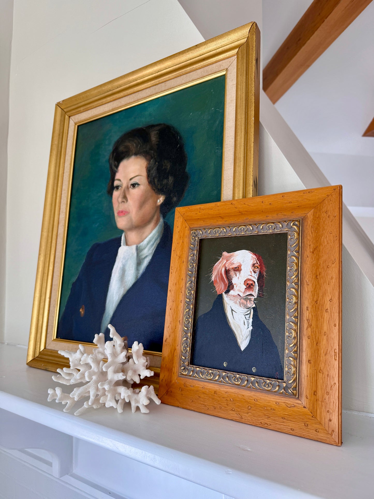 Nautical Captain Spaniel Dog Portrait Oil Painting in Hammered Wood Frame
