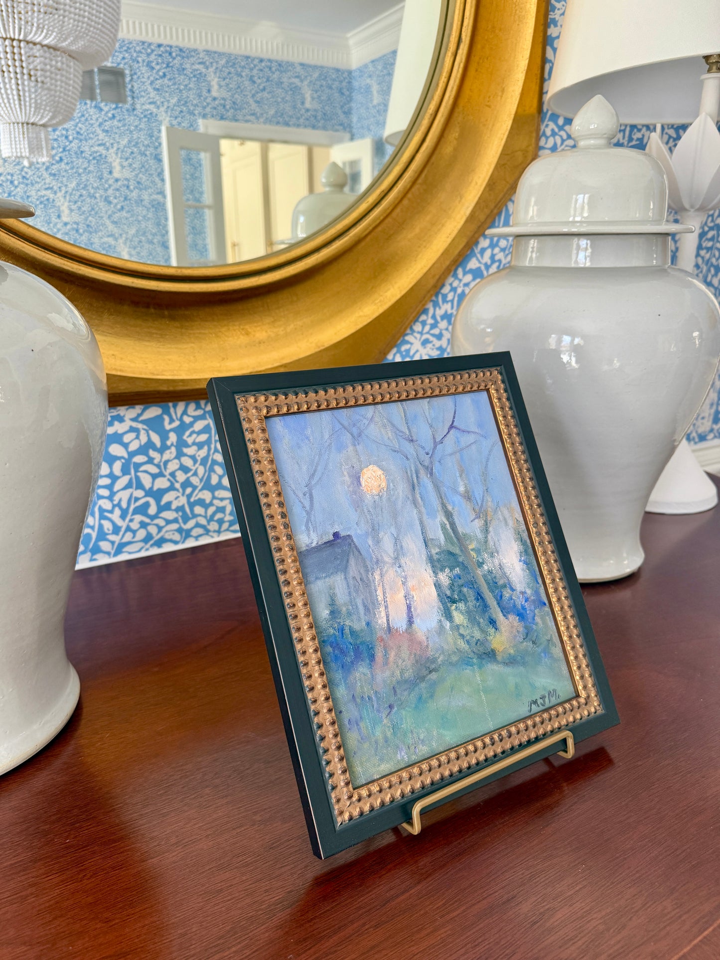 Impressionist Hudson Valley Moon Rise Wooded Landscape Oil Painting in Black and Gold Beaded Frame