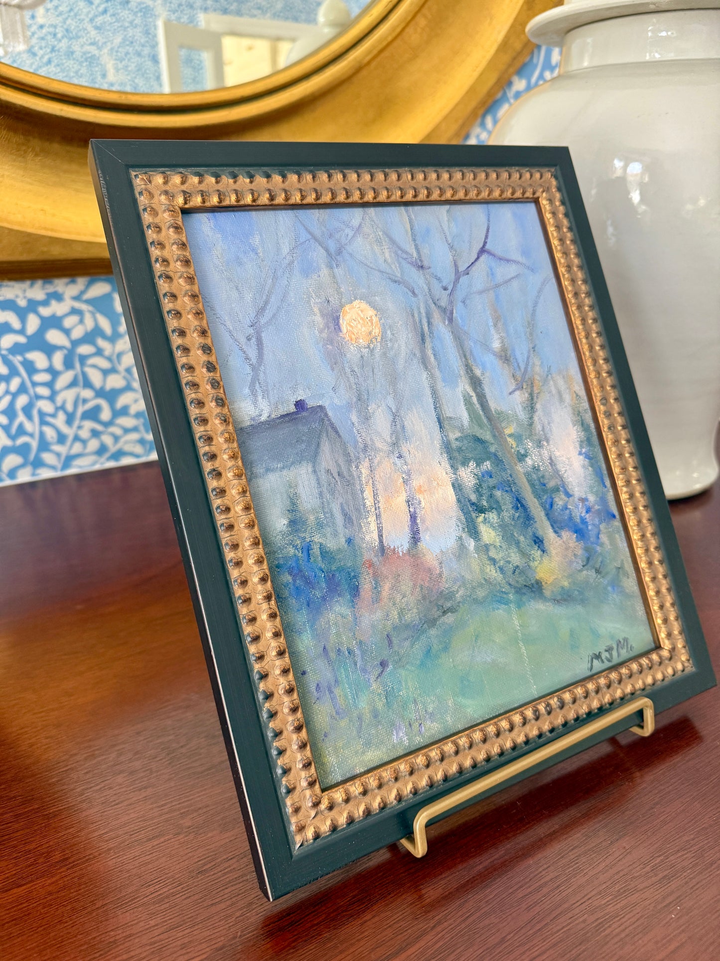 Impressionist Hudson Valley Moon Rise Wooded Landscape Oil Painting in Black and Gold Beaded Frame