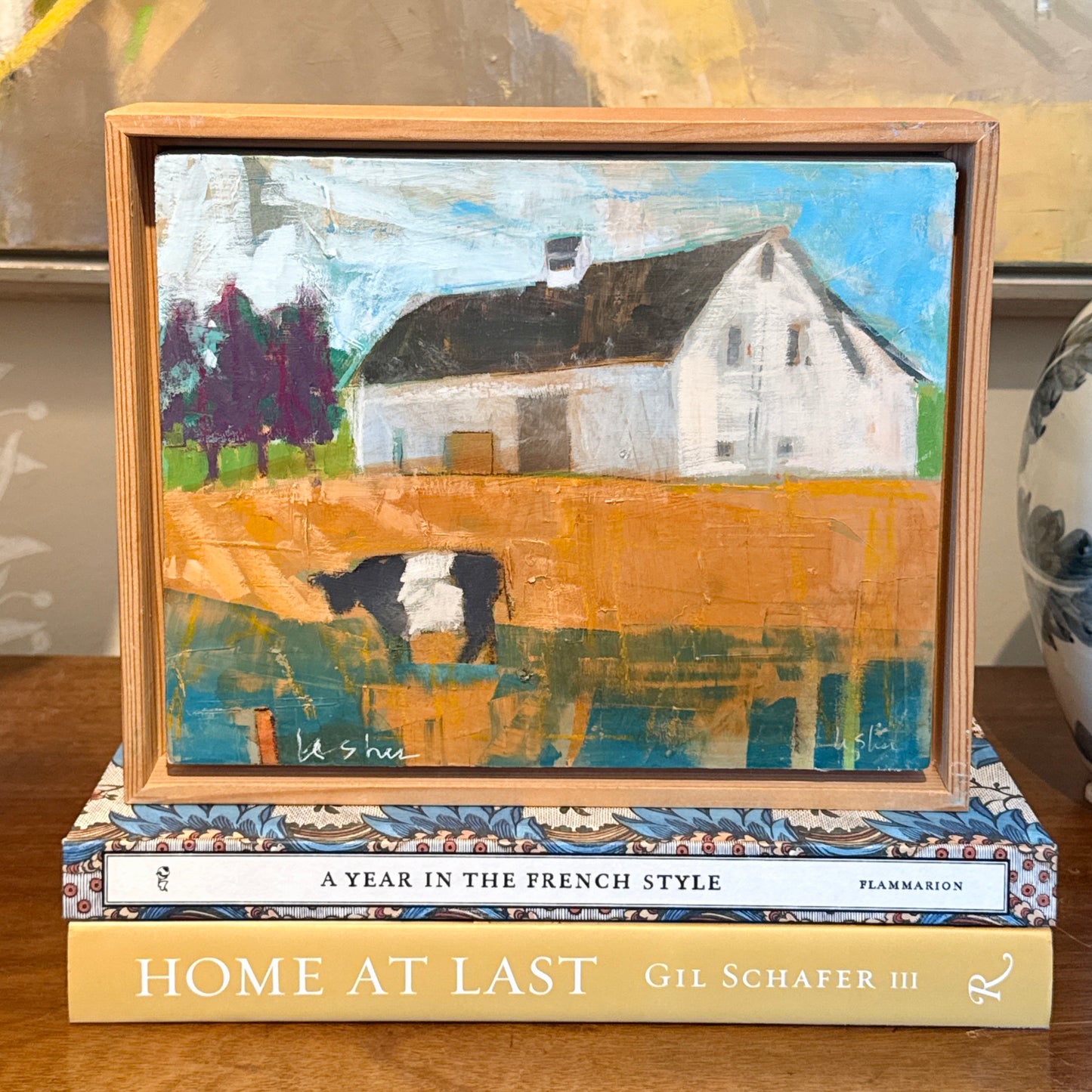 Carol Lesher Country Cow Farm Landscape Oil Painting in Wood Frame