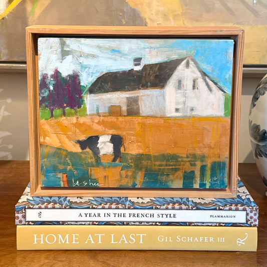 Carol Lesher Country Cow Farm Landscape Oil Painting in Wood Frame