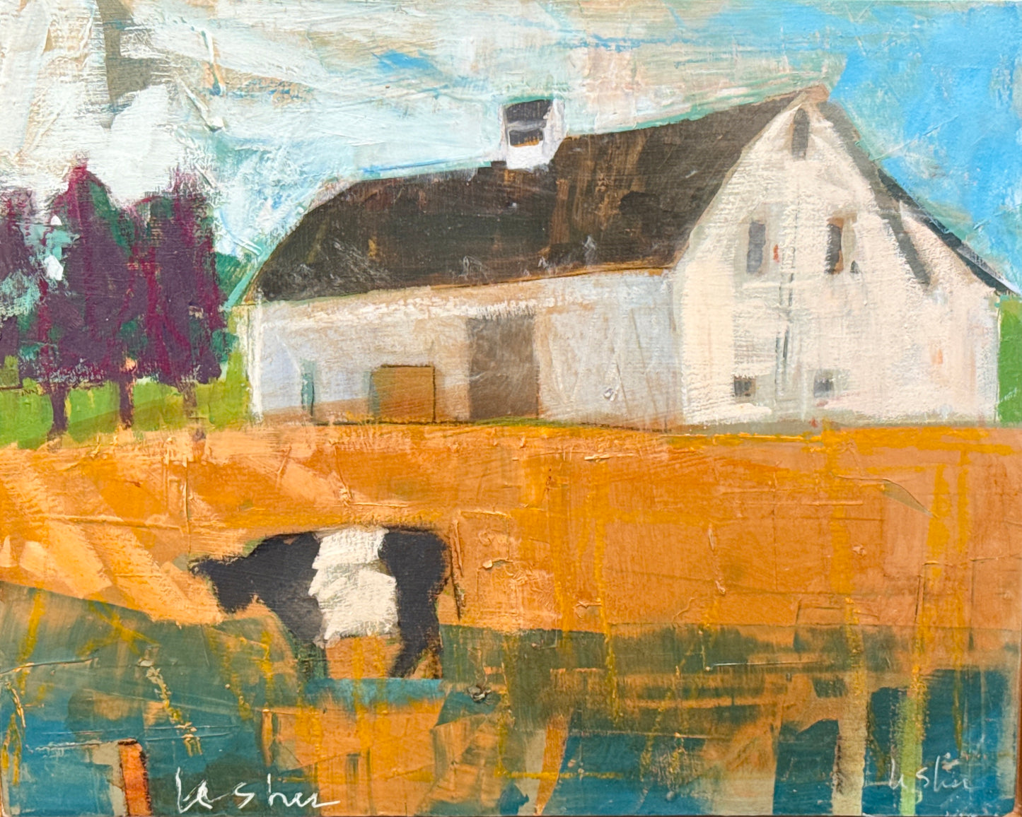Carol Lesher Country Cow Farm Landscape Oil Painting in Wood Frame