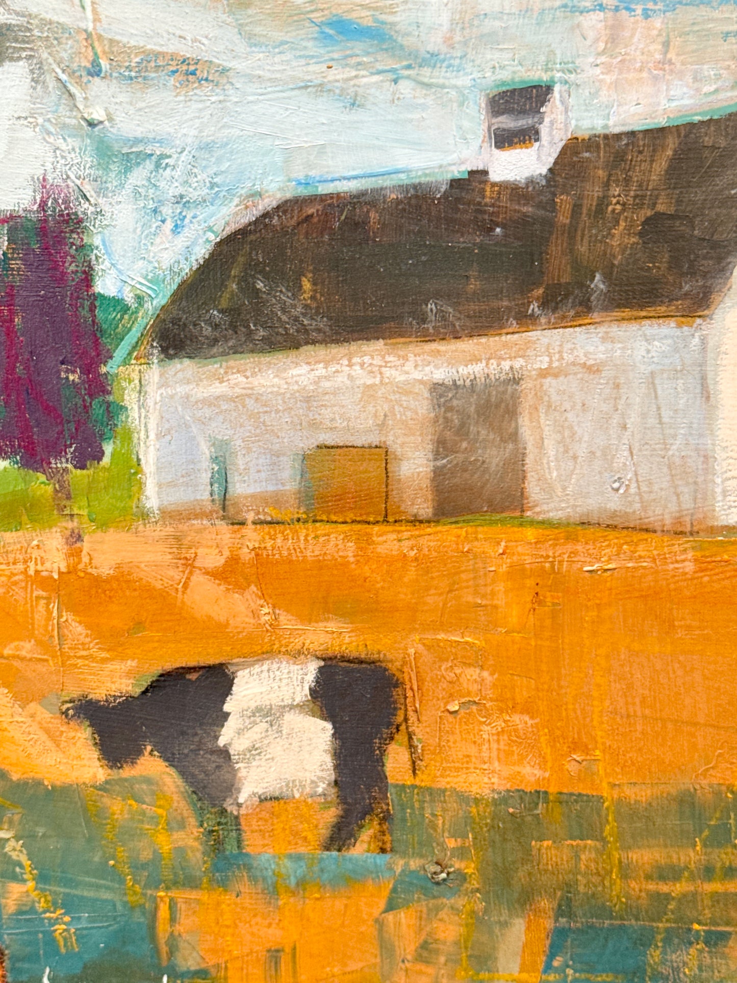 Carol Lesher Country Cow Farm Landscape Oil Painting in Wood Frame