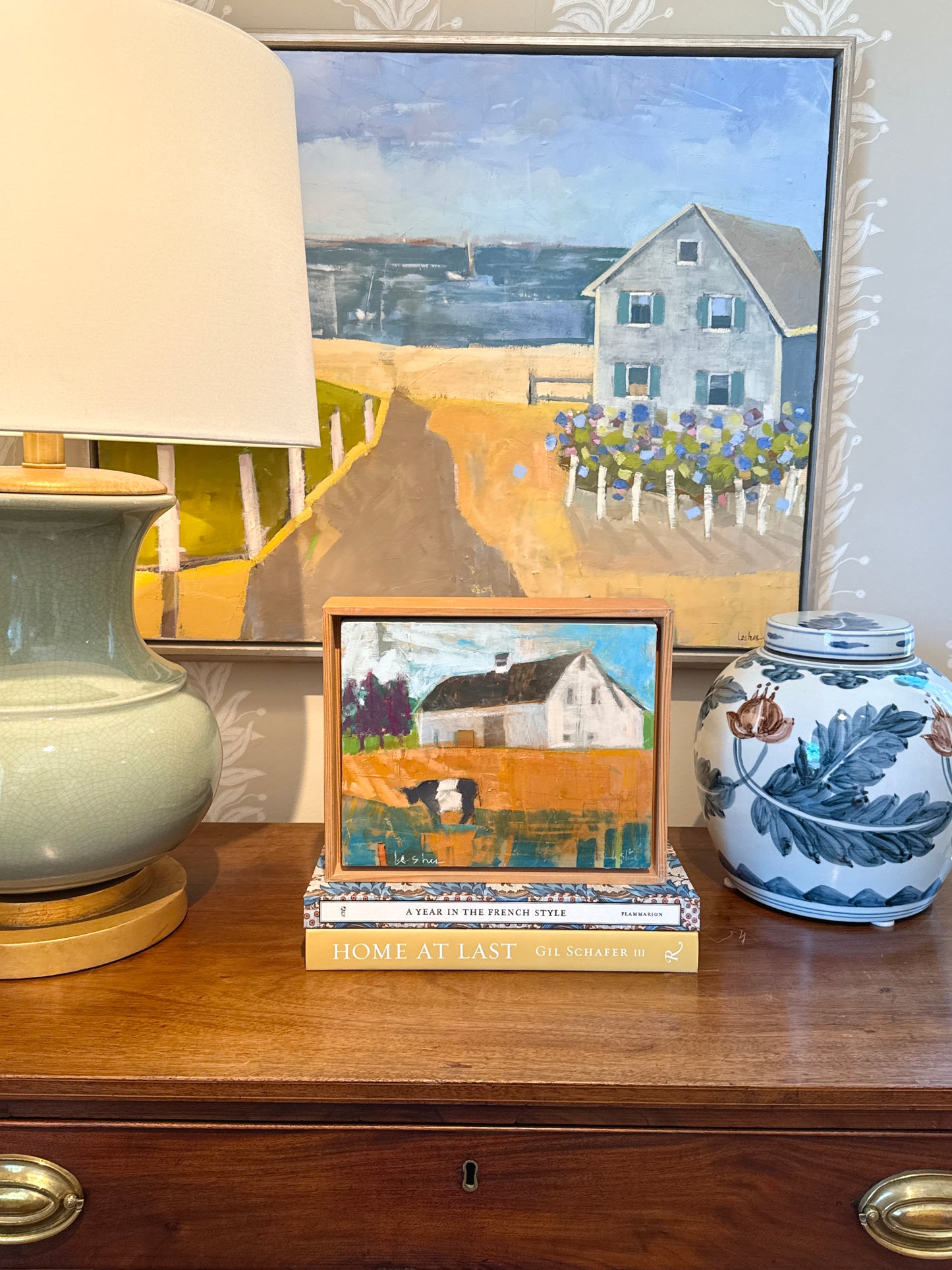 Carol Lesher Country Cow Farm Landscape Oil Painting in Wood Frame