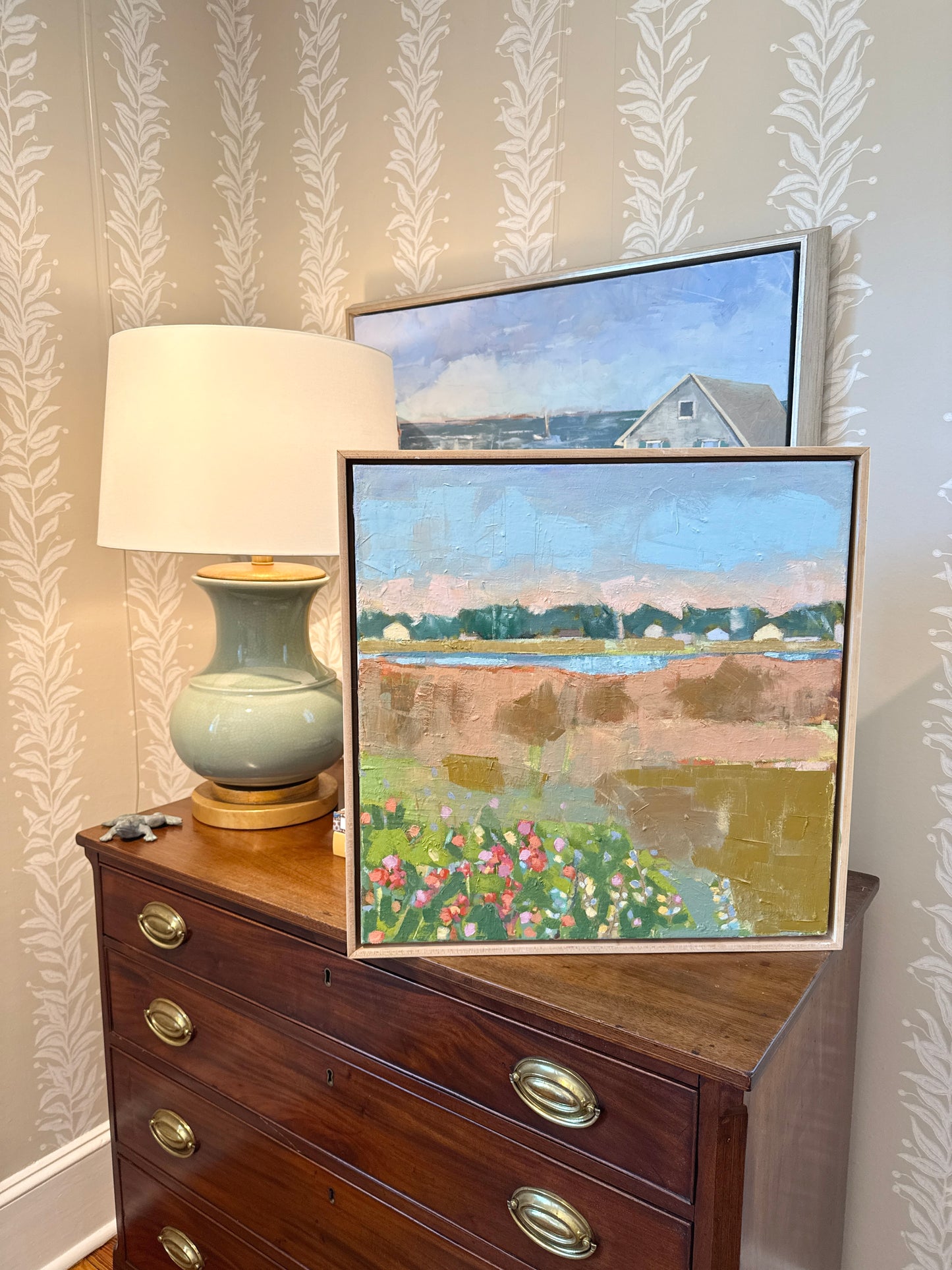 Carol Lesher Beach Flowers Coastal Landscape Oil Painting in Natural Maple Wood Frame